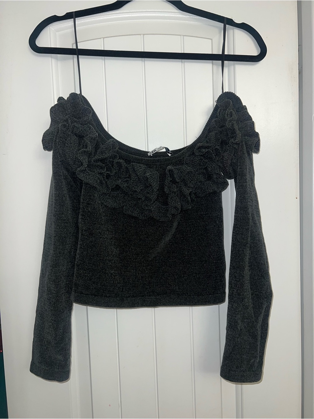 Zara Black Off-the-Shoulder Ruffle Knit Top